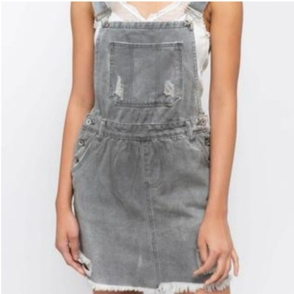 POL overall skirt distressed gray denim ripped torn mini jean overalls S small - Picture 16 of 16
